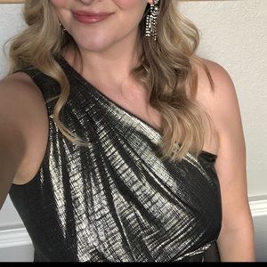 Ted Baker Gabria a one Shoulder Drape Midi Dress in Metallic